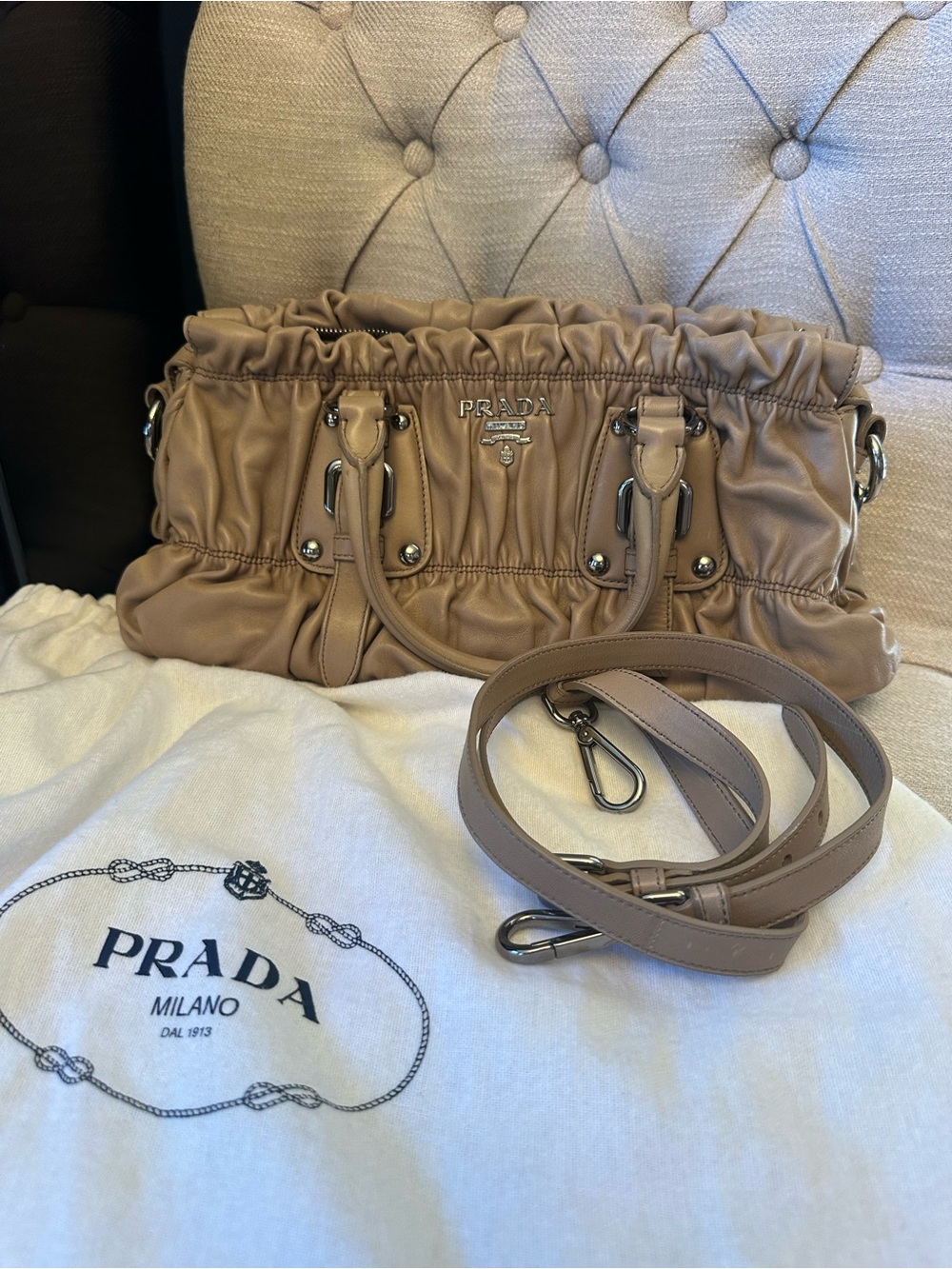 Prada Tan Ruched Leather Shoulder Bag with Detachable Strap